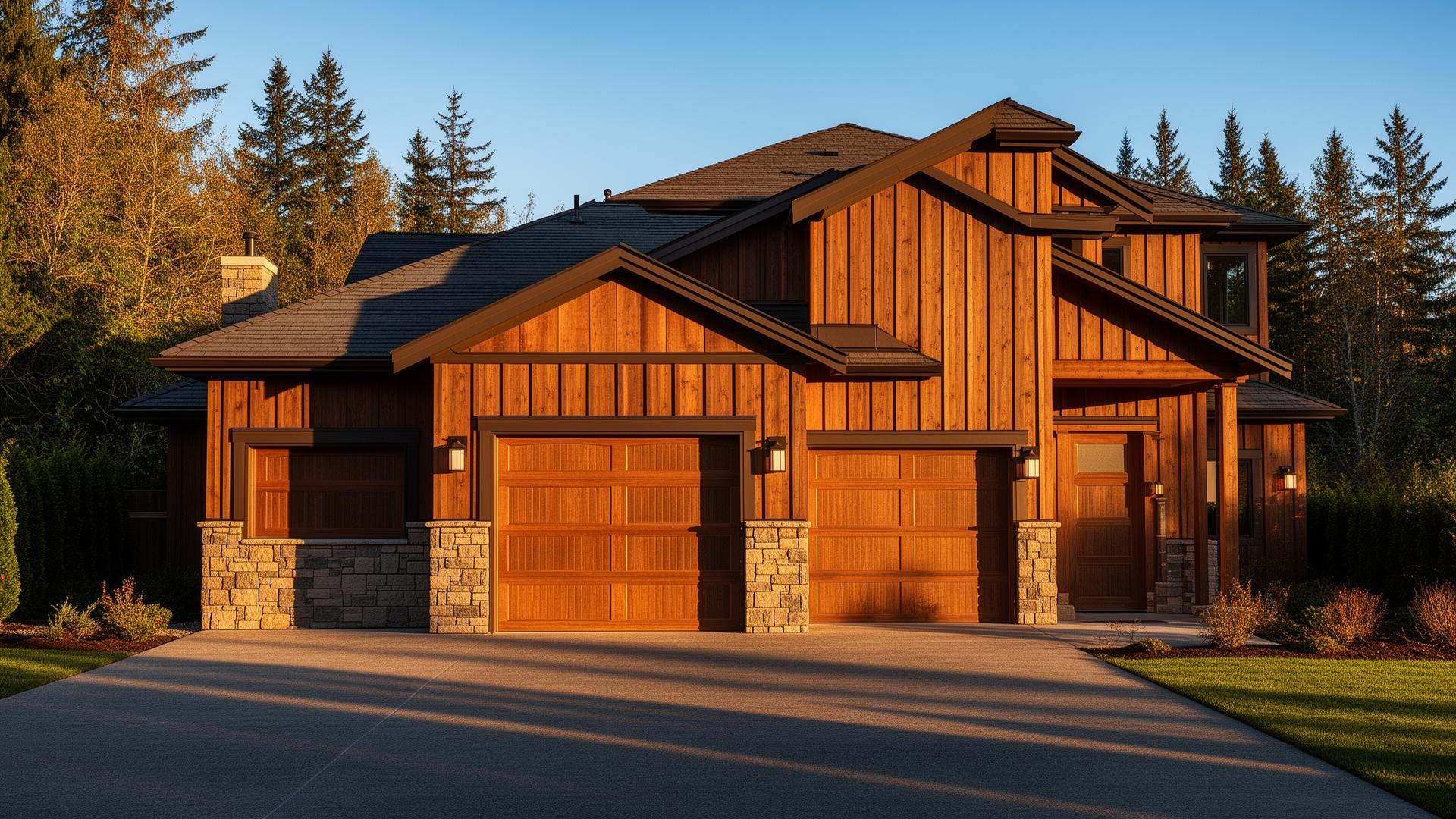 Modern garage door installation on Pacific Northwest style home with stone facade