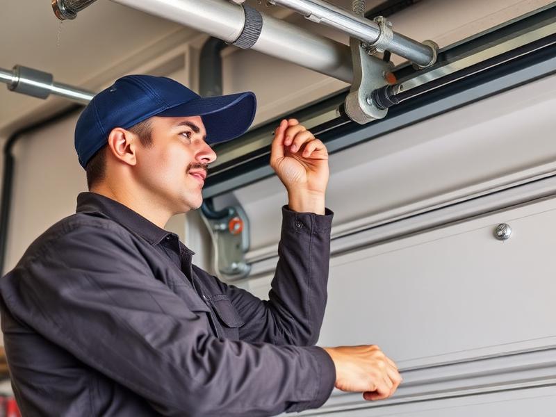Professional garage door technician performing repair service